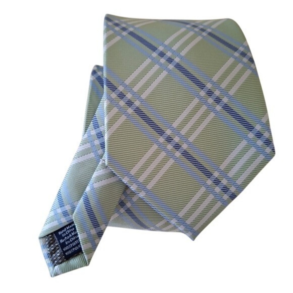 Mens Necktie‎ Stafford Green Blue Plaid Excellent Hand Made Woven Tie